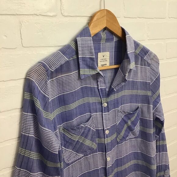 AEO plaid blue Vintage boyfriend 100% cotton button down blouse Small CORNFLOWER - Picture 5 of 14